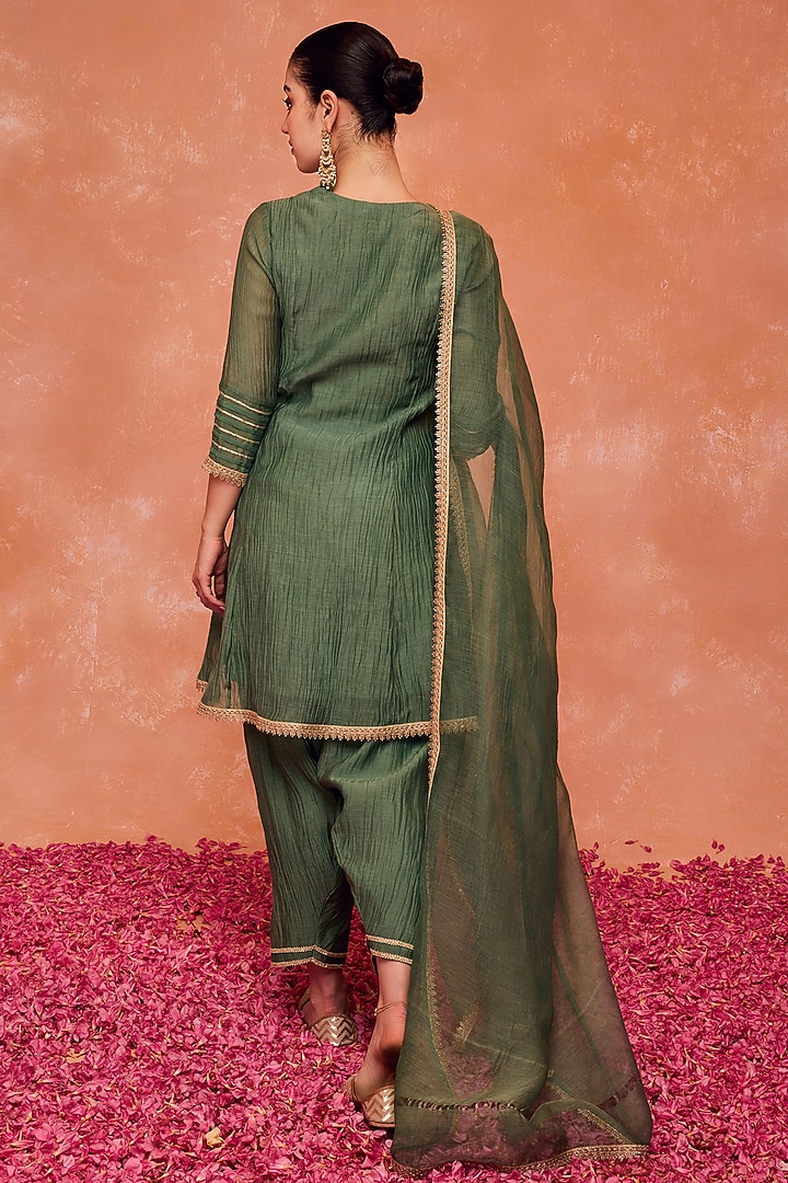 Green Cotton Silk Chanderi Gota Embroidered A-Line Kurta Set by DOHR INDIA at Pernia's Pop Up Shop