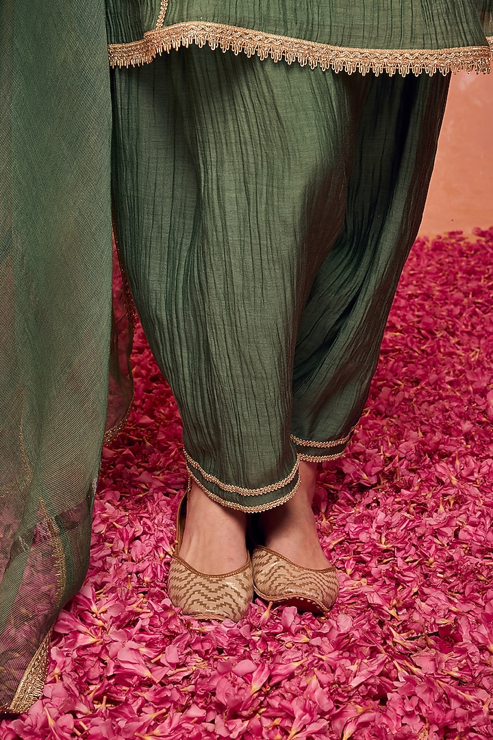 Green Cotton Silk Chanderi Gota Embroidered A-Line Kurta Set by DOHR INDIA at Pernia's Pop Up Shop