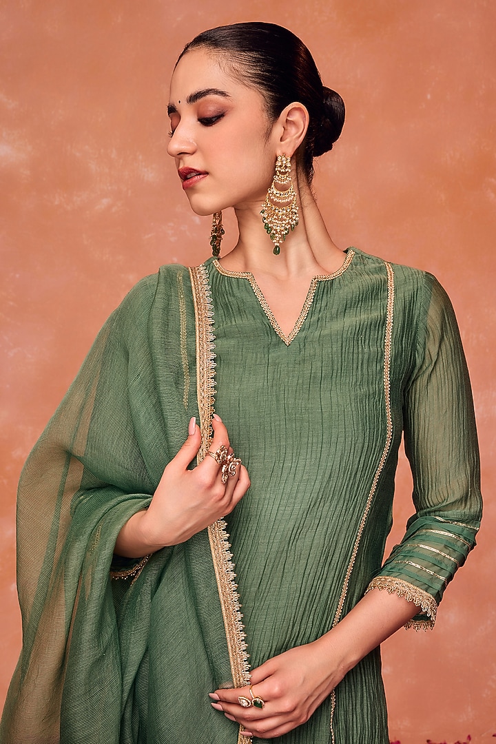 Green Cotton Silk Chanderi Gota Embroidered A-Line Kurta Set by DOHR INDIA at Pernia's Pop Up Shop