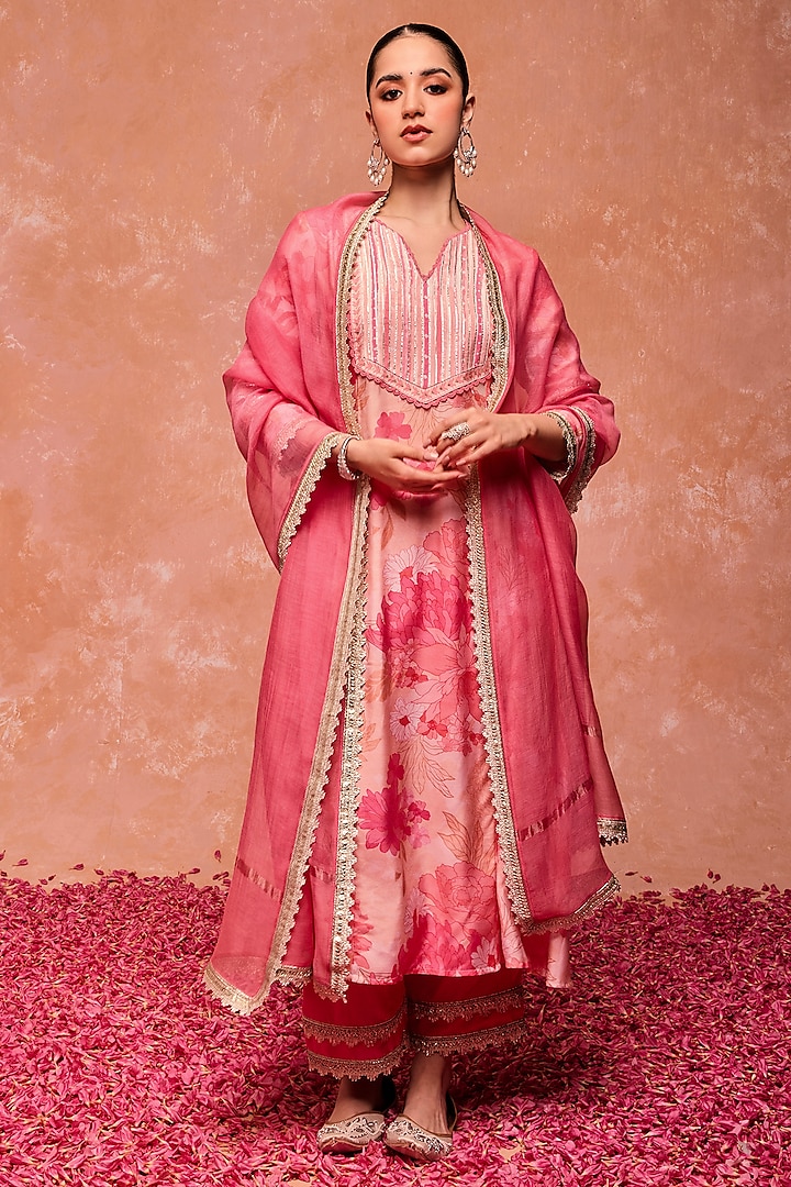 Pink Modal Viscose Floral Printed & Embellished A-Line Kurta Set by DOHR INDIA at Pernia's Pop Up Shop