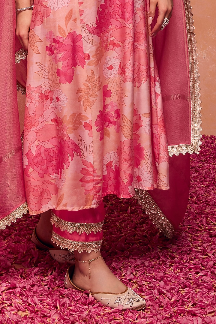 Pink Modal Viscose Floral Printed & Embellished A-Line Kurta Set by DOHR INDIA at Pernia's Pop Up Shop