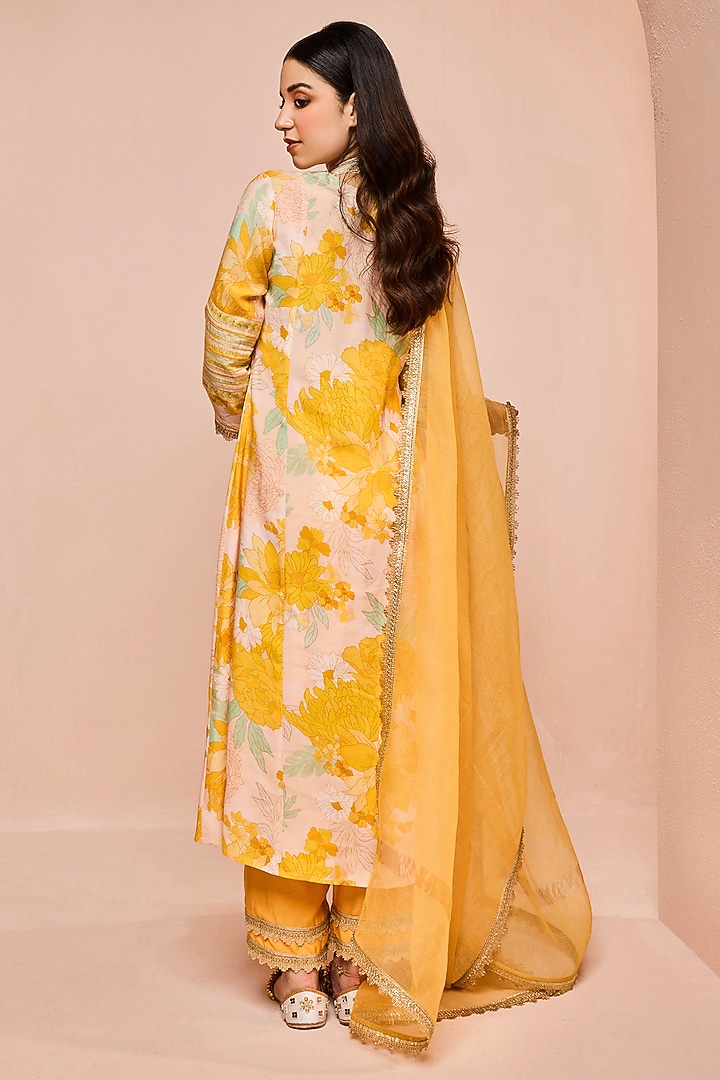 Yellow Modal Viscose Floral Printed & Embellished A-Line Kurta Set by DOHR INDIA at Pernia's Pop Up Shop
