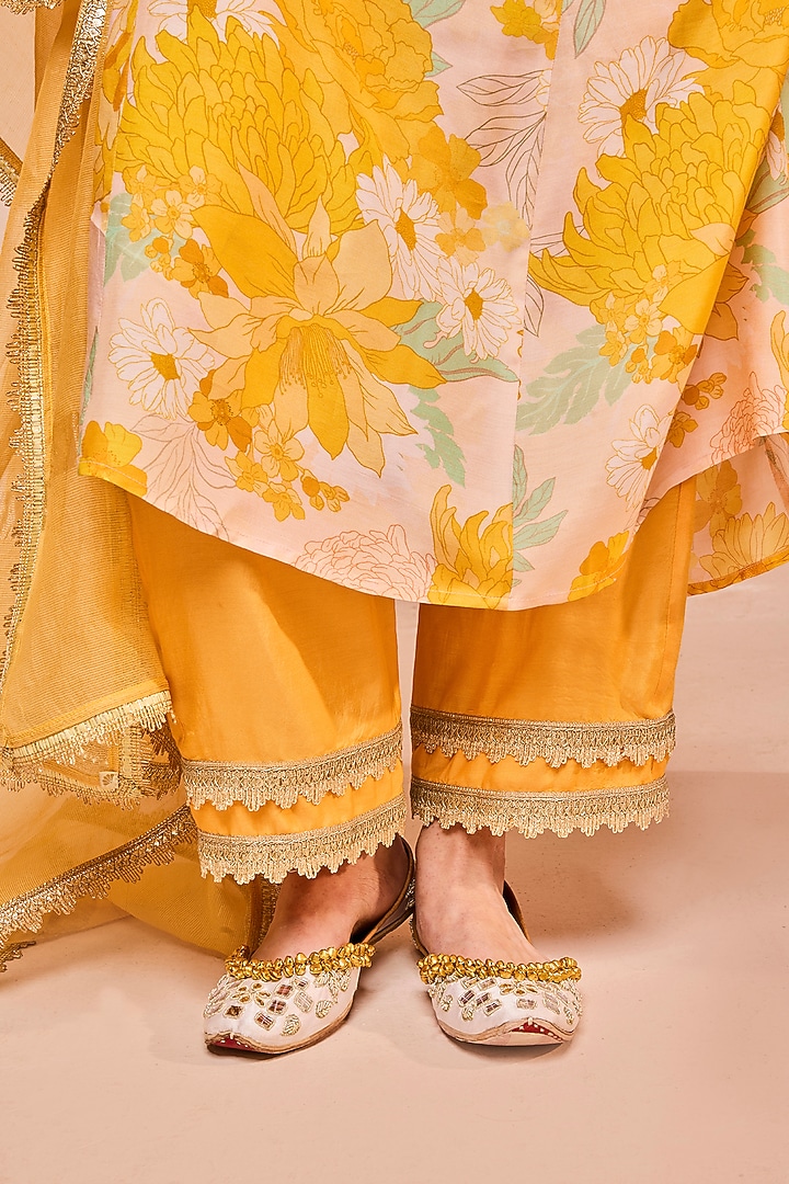 Yellow Modal Viscose Floral Printed & Embellished A-Line Kurta Set by DOHR INDIA at Pernia's Pop Up Shop