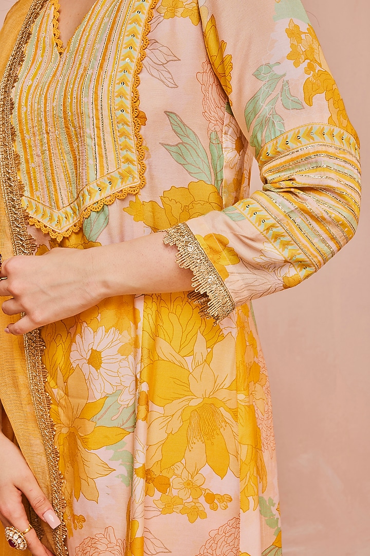 Yellow Modal Viscose Floral Printed & Embellished A-Line Kurta Set by DOHR INDIA at Pernia's Pop Up Shop