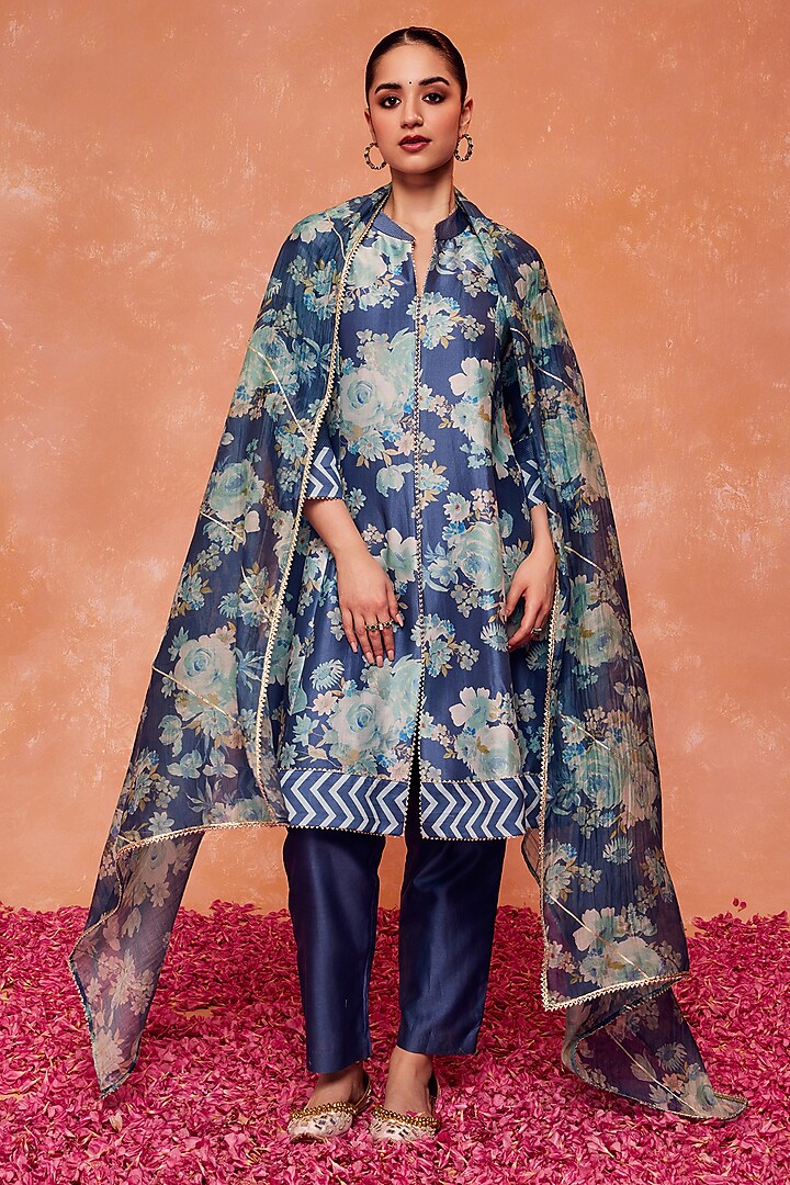 Blue Silk Chanderi Floral Printed & Gota Work A-Line Kurta Set by DOHR INDIA at Pernia's Pop Up Shop