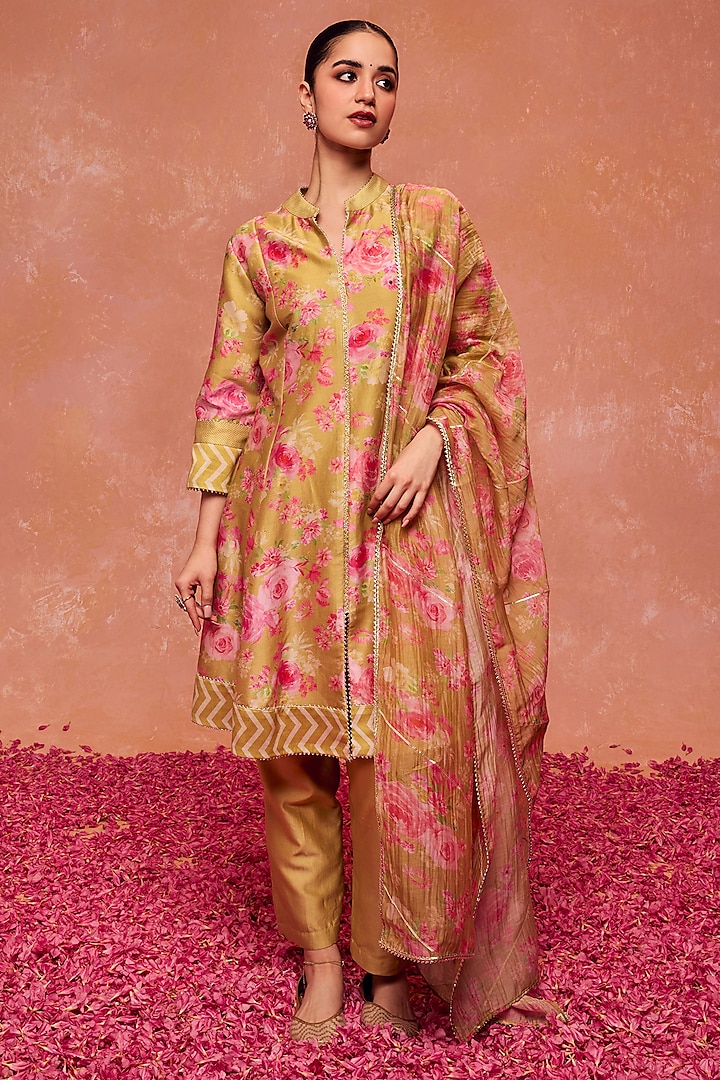 Olive Silk Chanderi Floral Printed & Gota Work A-Line Kurta Set by DOHR INDIA at Pernia's Pop Up Shop