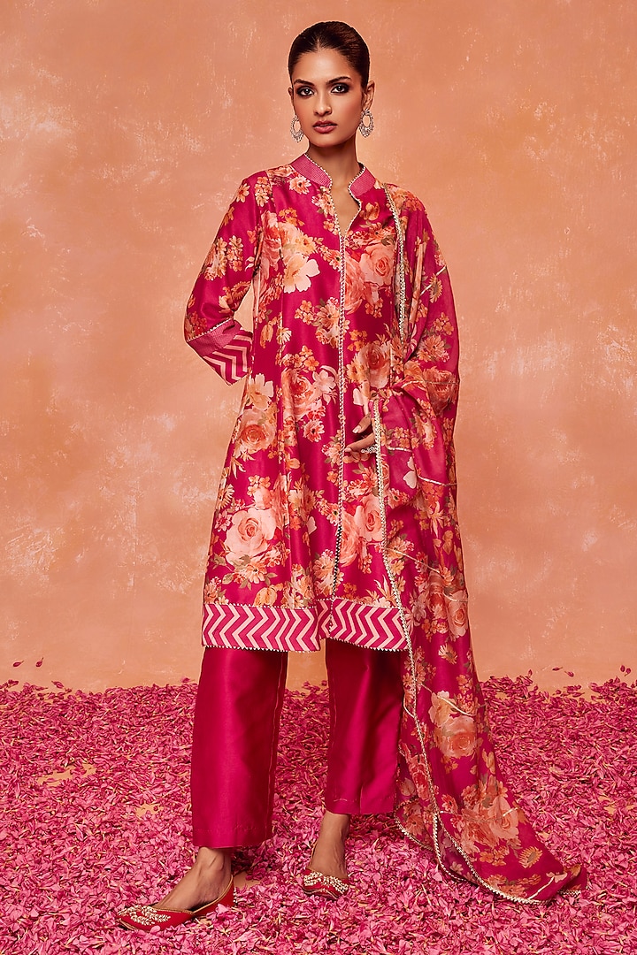 Pink Silk Chanderi Floral Printed & Gota Work A-Line Kurta Set by DOHR INDIA at Pernia's Pop Up Shop