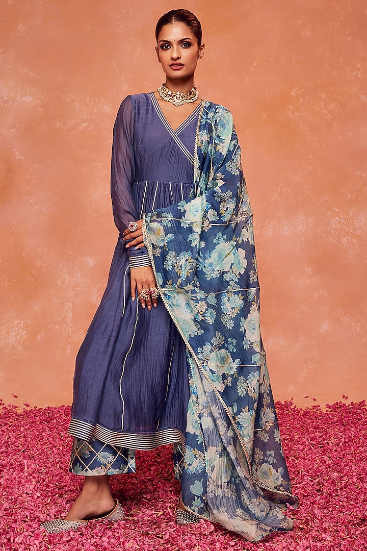 Blue Cotton Silk Chanderi Gota Embellished Anarkali Set by DOHR INDIA at Pernia's Pop Up Shop