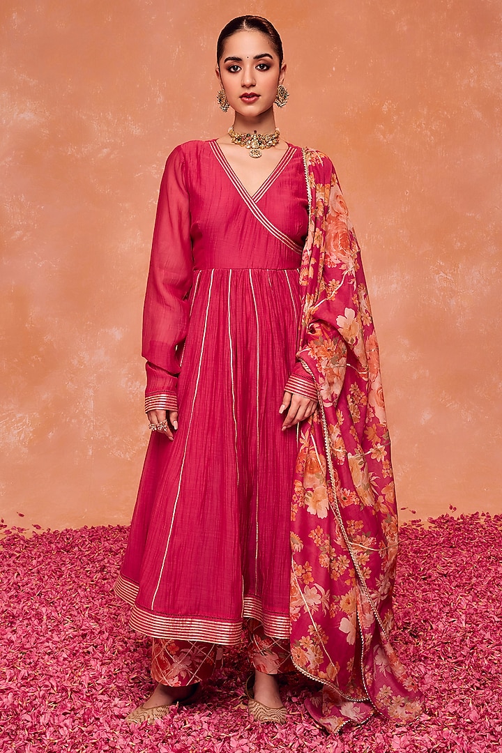 Pink Cotton Silk Chanderi Gota Embellished Anarkali Set by DOHR INDIA at Pernia's Pop Up Shop