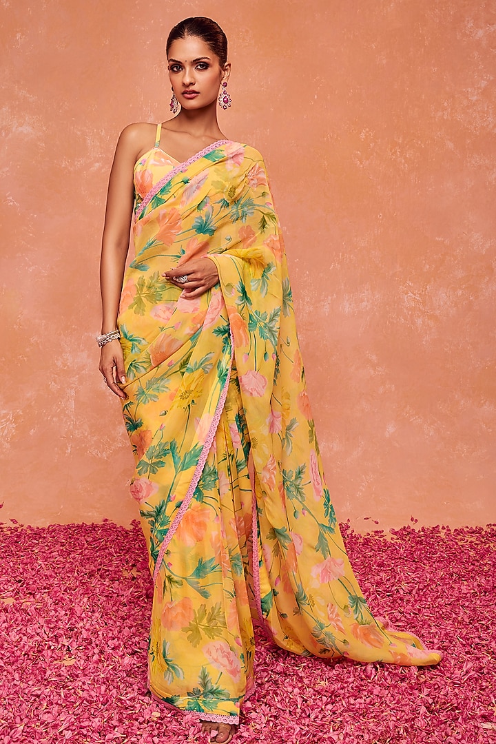 Yellow Organza Floral Printed Unstitched Saree Set by DOHR INDIA at Pernia's Pop Up Shop