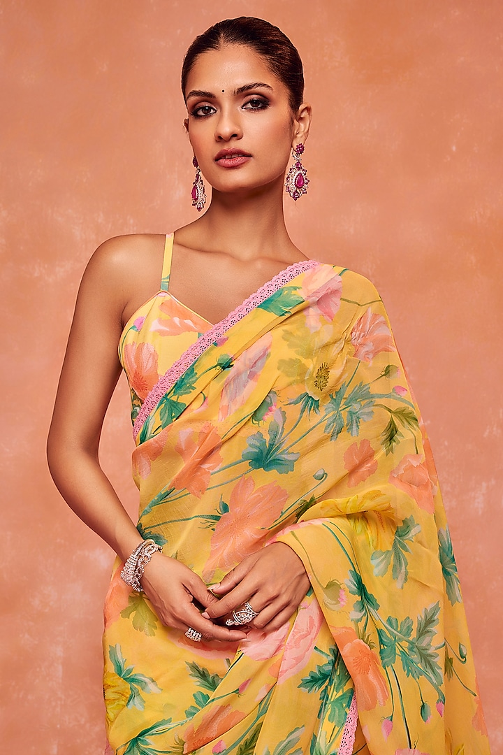 Yellow Organza Floral Printed Unstitched Festive Saree Set by DOHR INDIA at Pernia's Pop Up Shop