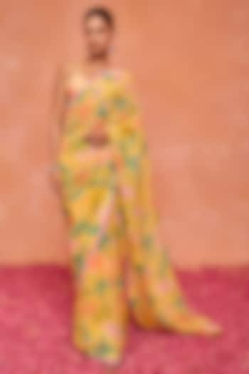 Yellow Organza Floral Printed Pre-stitched Saree Set by DOHR INDIA at Pernia's Pop Up Shop