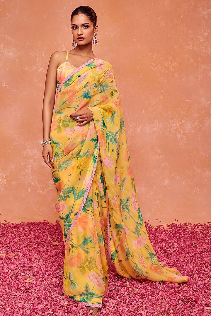 Yellow Organza Floral Printed Pre-stitched Saree Set by DOHR INDIA at Pernia's Pop Up Shop