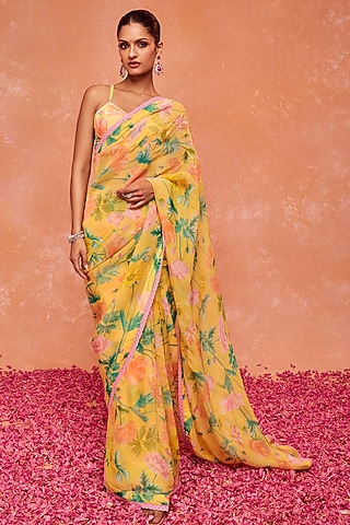 Yellow Organza Floral Printed Pre-stitched Saree Set by DOHR INDIA