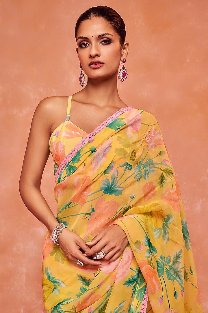 Yellow Organza Floral Printed Pre-stitched Festive Saree Set by DOHR INDIA at Pernia's Pop Up Shop