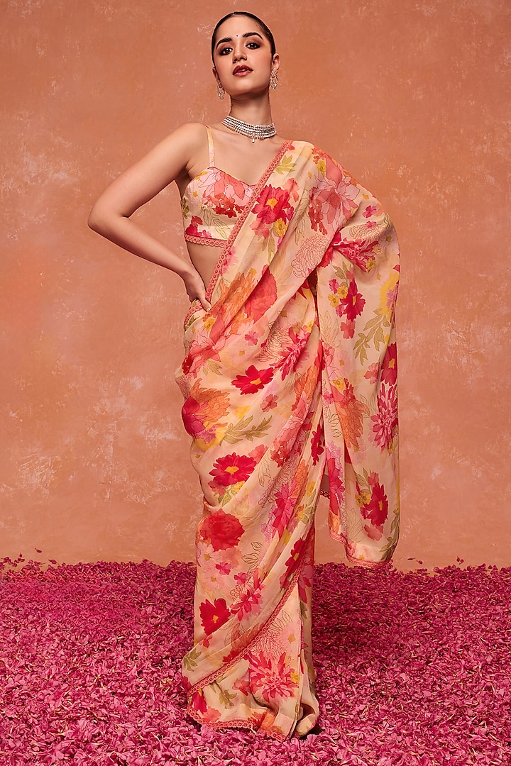 Pink Organza Floral Printed Unstitched Saree Set by DOHR INDIA at Pernia's Pop Up Shop