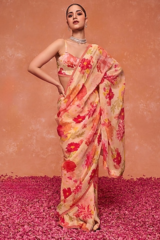 Pink Organza Floral Printed Unstitched Saree Set by DOHR INDIA