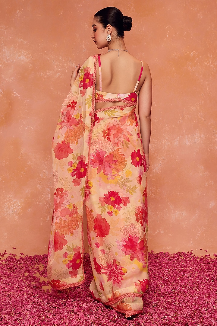 Pink Organza Floral Printed Unstitched Festive Saree Set by DOHR INDIA at Pernia's Pop Up Shop