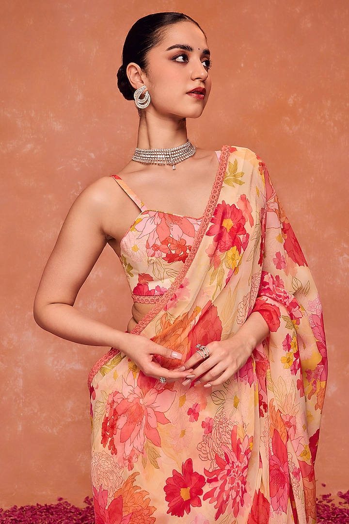 Pink Organza Floral Printed Unstitched Festive Saree Set by DOHR INDIA at Pernia's Pop Up Shop