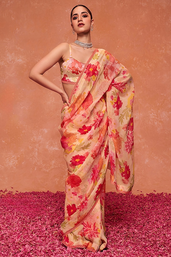 Pink Organza Floral Printed Pre-Draped Saree Saree Set by DOHR INDIA