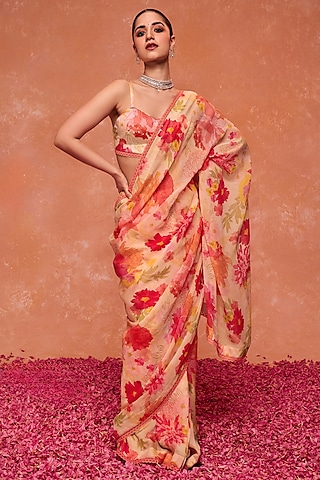 Pink Organza Floral Printed Pre-Draped Saree Saree Set by DOHR INDIA