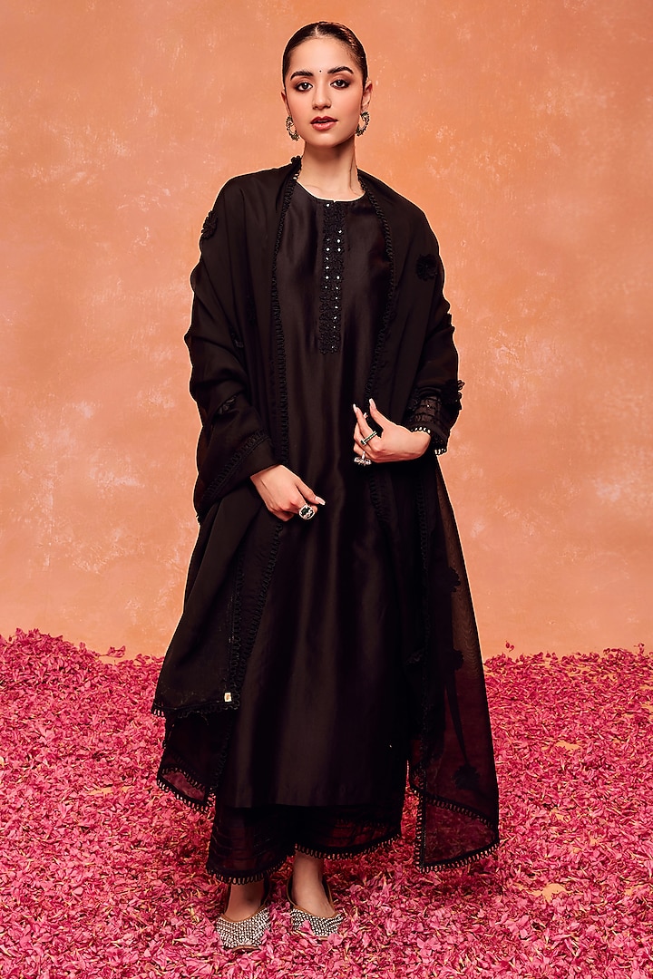 Black Silk Chanderi 3D Floral Embroidered Straight Kurta Set by DOHR INDIA at Pernia's Pop Up Shop