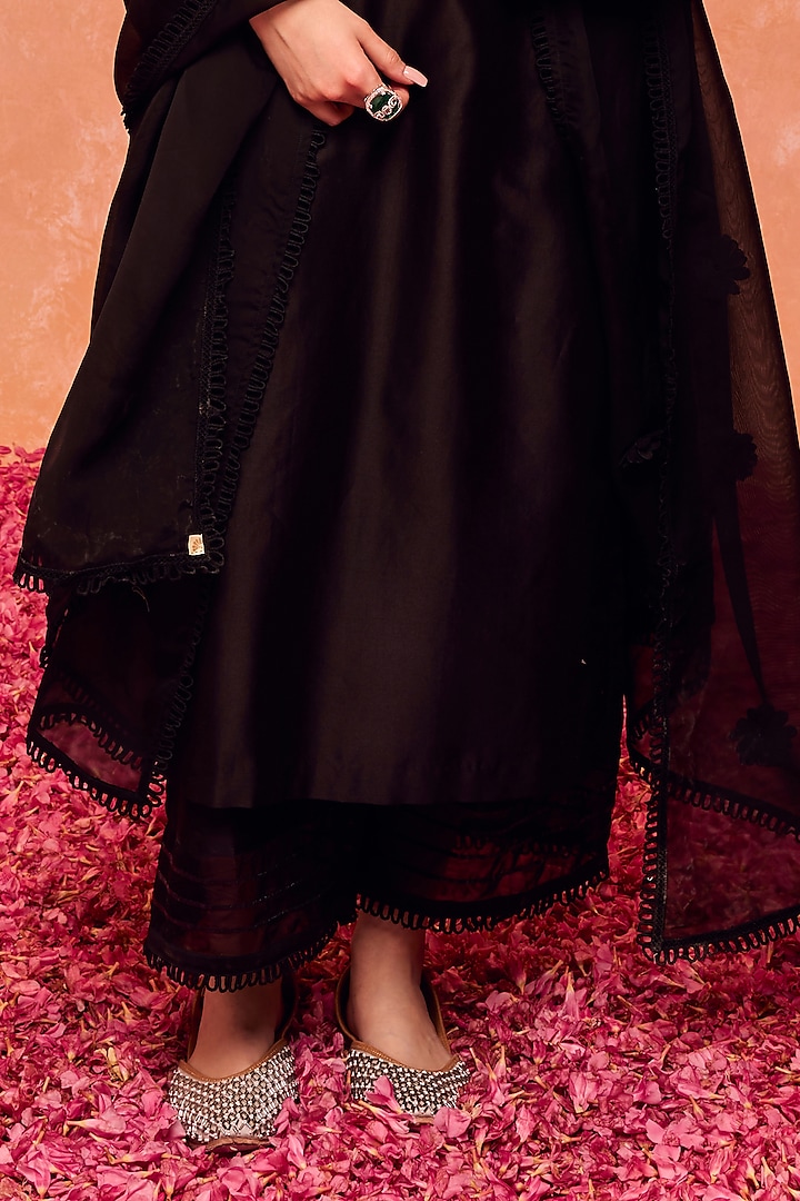 Black Silk Chanderi 3D Floral Embroidered Straight Kurta Set by DOHR INDIA at Pernia's Pop Up Shop