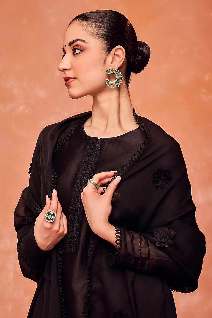 Black Silk Chanderi 3D Floral Embroidered Straight Kurta Set by DOHR INDIA at Pernia's Pop Up Shop