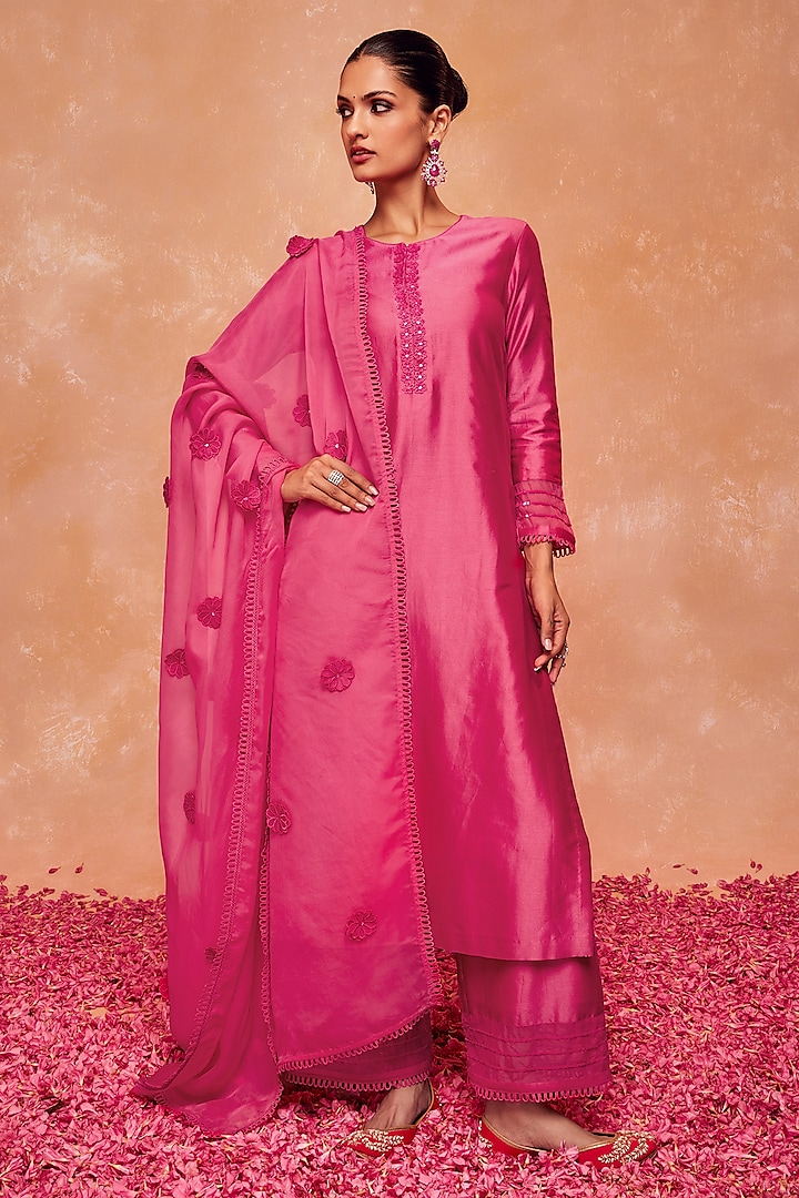 Pink Silk Chanderi 3D Floral Embroidered Straight Kurta Set by DOHR INDIA at Pernia's Pop Up Shop