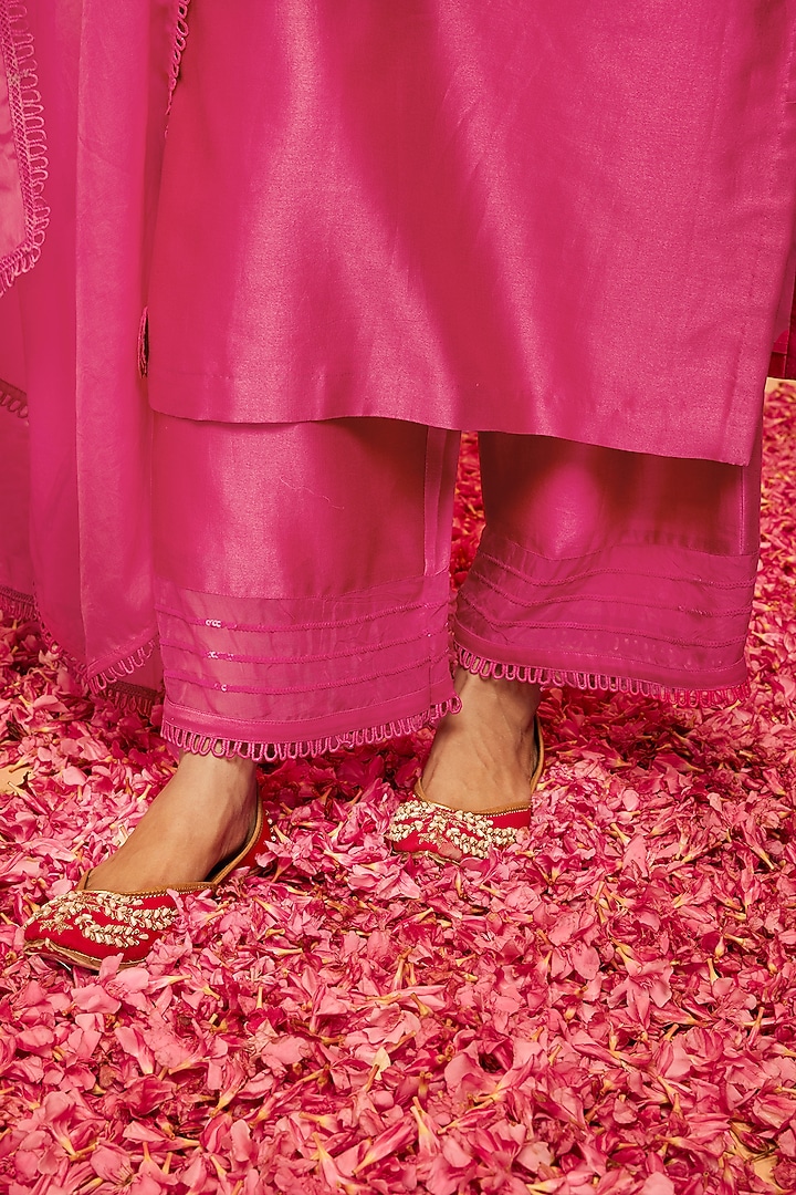 Pink Silk Chanderi 3D Floral Embroidered Straight Kurta Set by DOHR INDIA at Pernia's Pop Up Shop