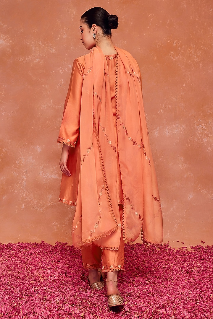 Peach Silk Chanderi Embroidered A-Line Kurta Set by DOHR INDIA at Pernia's Pop Up Shop