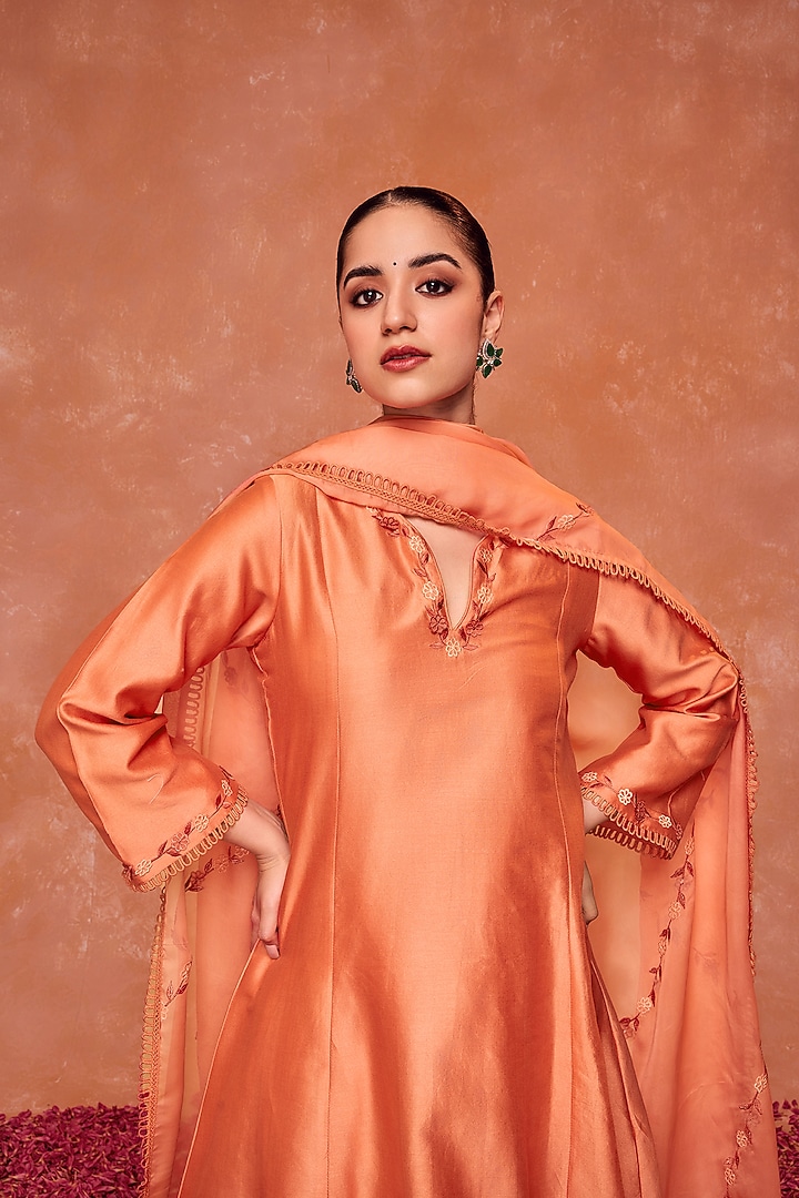 Peach Silk Chanderi Embroidered A-Line Kurta Set by DOHR INDIA at Pernia's Pop Up Shop