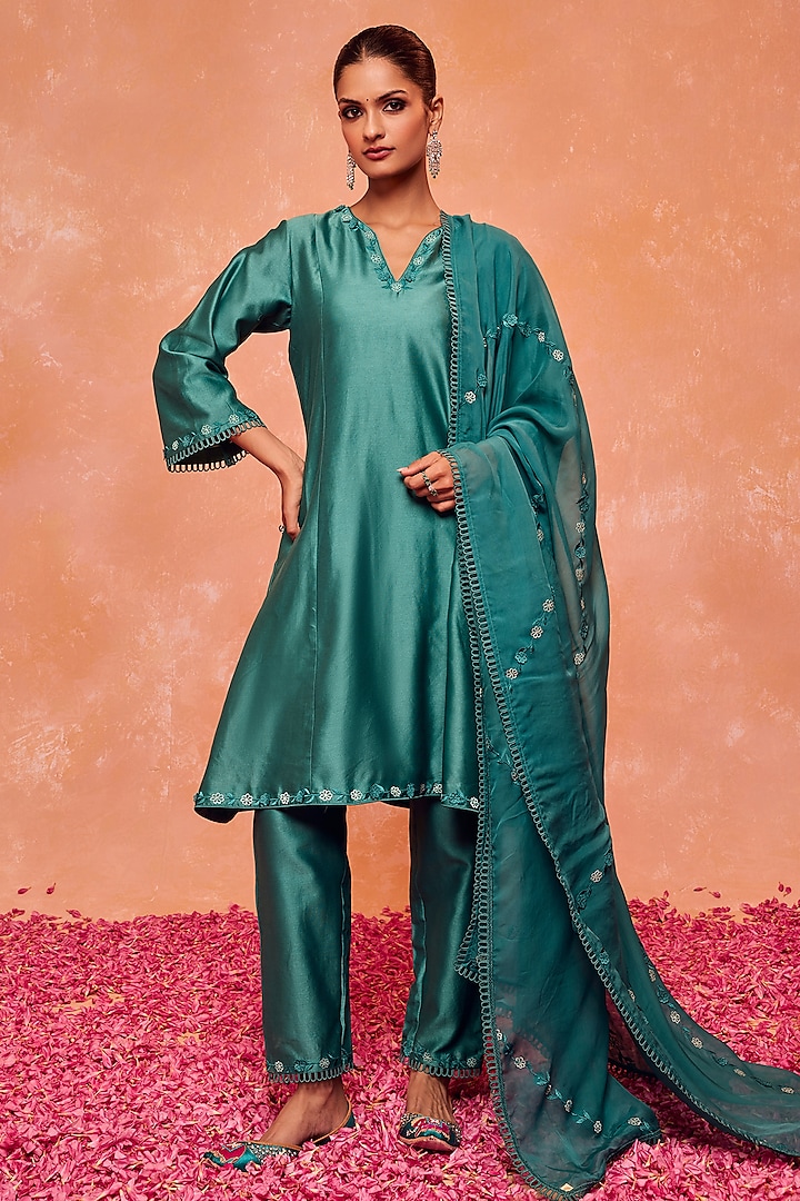 Teal Silk Chanderi Embroidered A-Line Kurta Set by DOHR INDIA at Pernia's Pop Up Shop