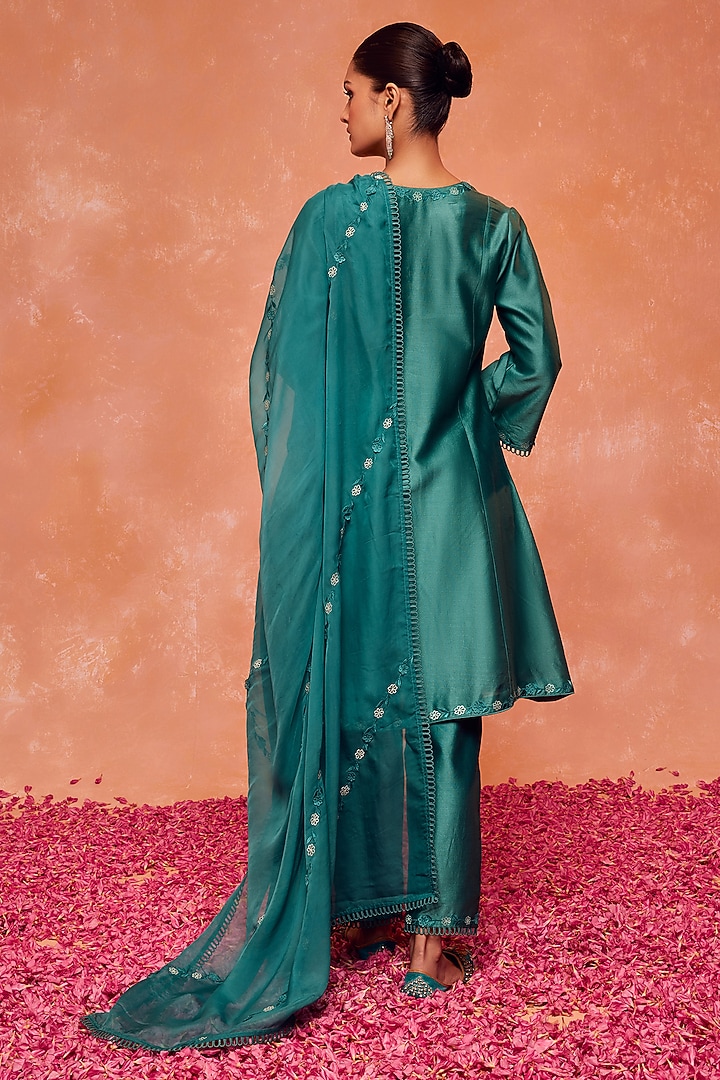 Teal Silk Chanderi Embroidered A-Line Kurta Set by DOHR INDIA at Pernia's Pop Up Shop