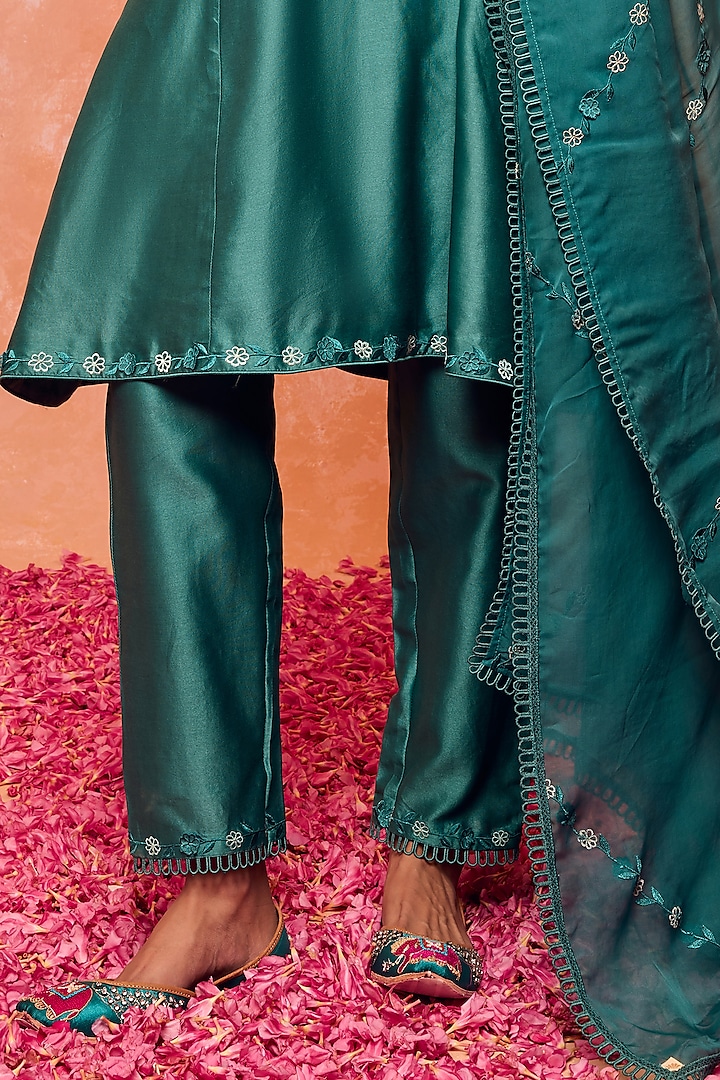 Teal Silk Chanderi Embroidered A-Line Kurta Set by DOHR INDIA at Pernia's Pop Up Shop