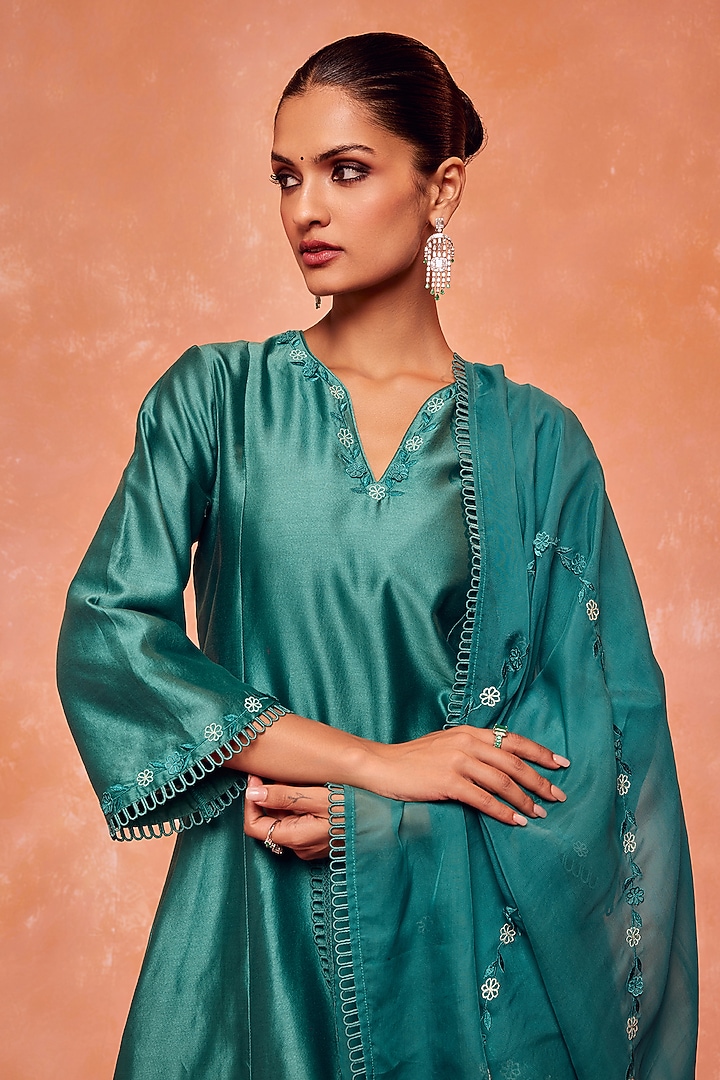 Teal Silk Chanderi Embroidered A-Line Kurta Set by DOHR INDIA at Pernia's Pop Up Shop