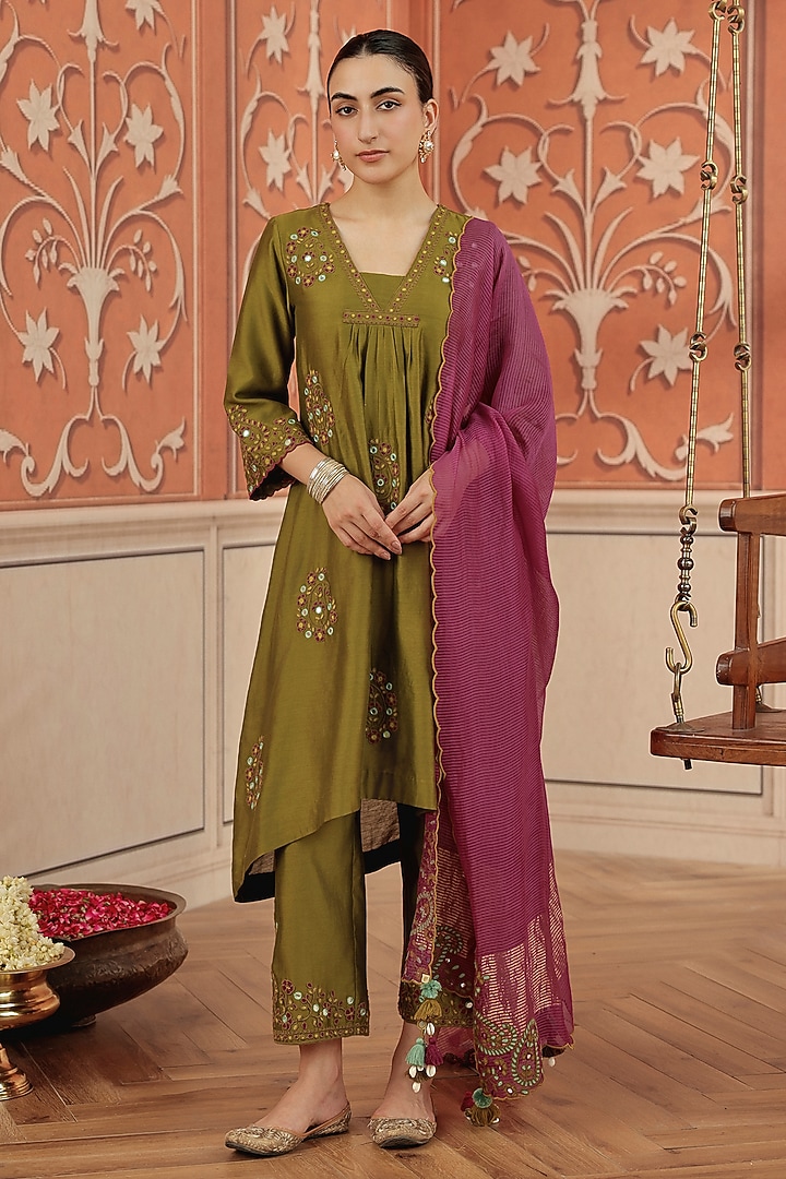Olive Green Silk Chanderi Dori & Mirror Work Kurta Set by DOHR INDIA at Pernia's Pop Up Shop