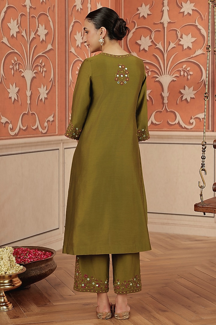 Olive Green Silk Chanderi Dori & Mirror Work Kurta Set by DOHR INDIA at Pernia's Pop Up Shop