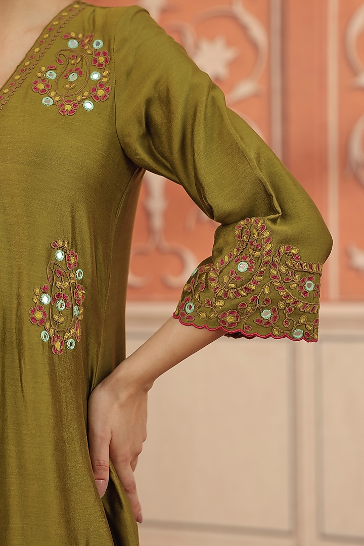 Olive Green Silk Chanderi Dori & Mirror Work Kurta Set by DOHR INDIA at Pernia's Pop Up Shop