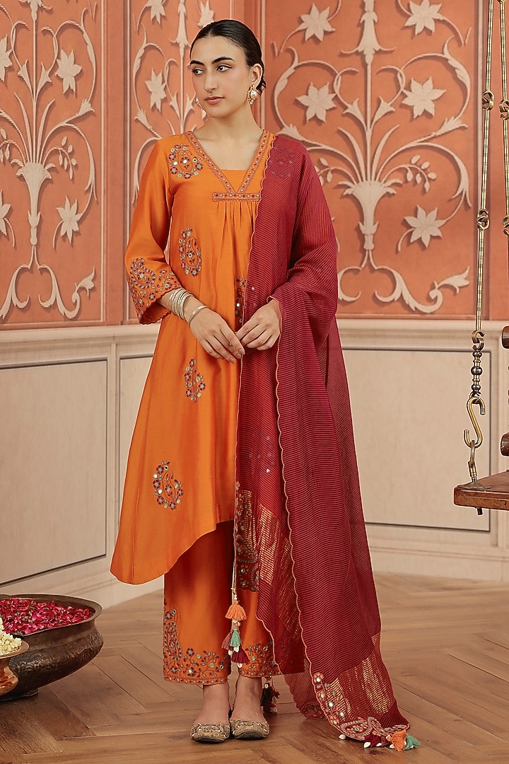 Orange Silk Chanderi Dori & Mirror Work Kurta Set by DOHR INDIA at Pernia's Pop Up Shop