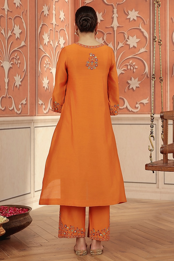 Orange Silk Chanderi Dori & Mirror Work Kurta Set by DOHR INDIA at Pernia's Pop Up Shop