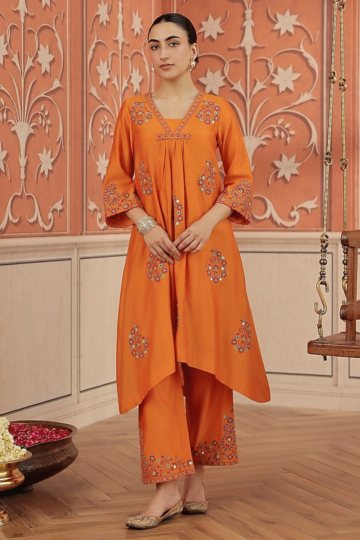 Orange Silk Chanderi Dori & Mirror Work Kurta Set by DOHR INDIA at Pernia's Pop Up Shop