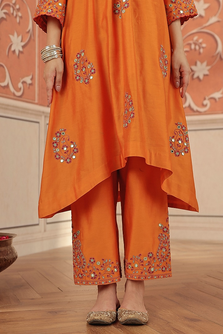 Orange Silk Chanderi Dori & Mirror Work Kurta Set by DOHR INDIA at Pernia's Pop Up Shop