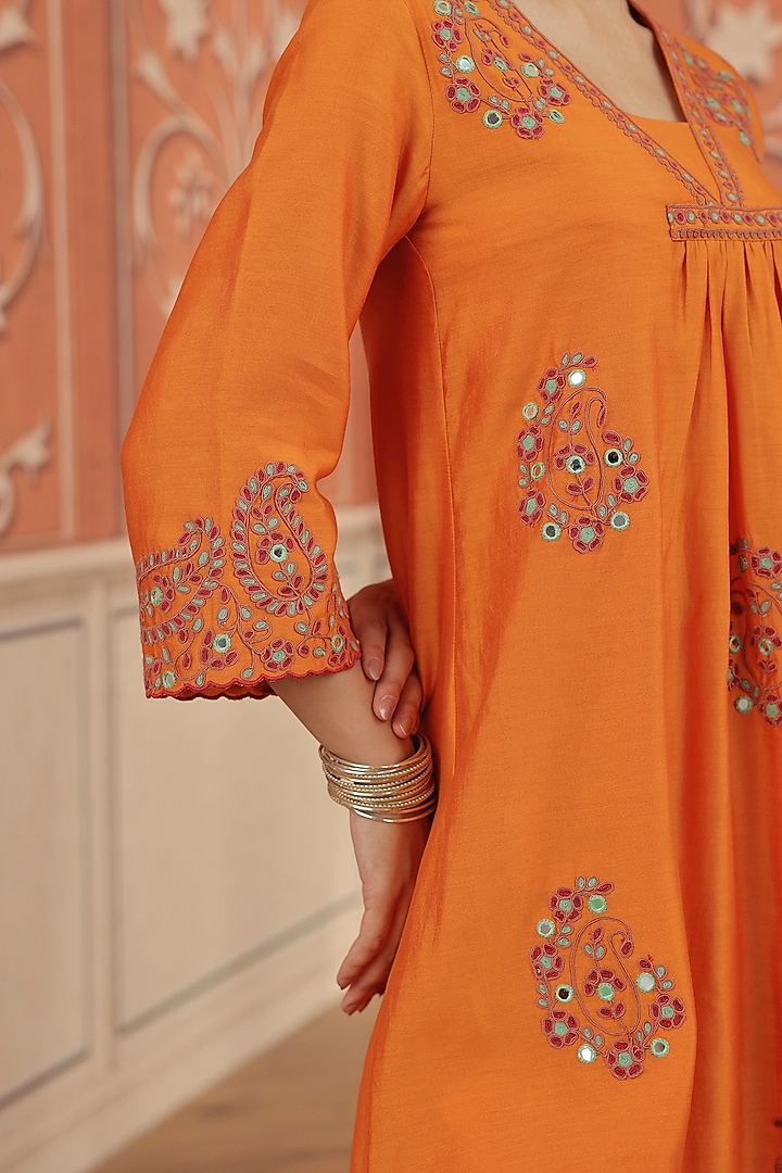 Orange Silk Chanderi Dori & Mirror Work Kurta Set by DOHR INDIA at Pernia's Pop Up Shop