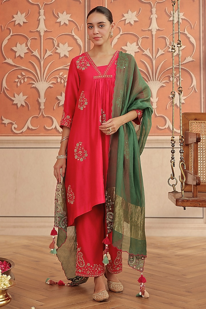 Ruby Pink Silk Chanderi Dori & Mirror Work Kurta Set by DOHR INDIA at Pernia's Pop Up Shop