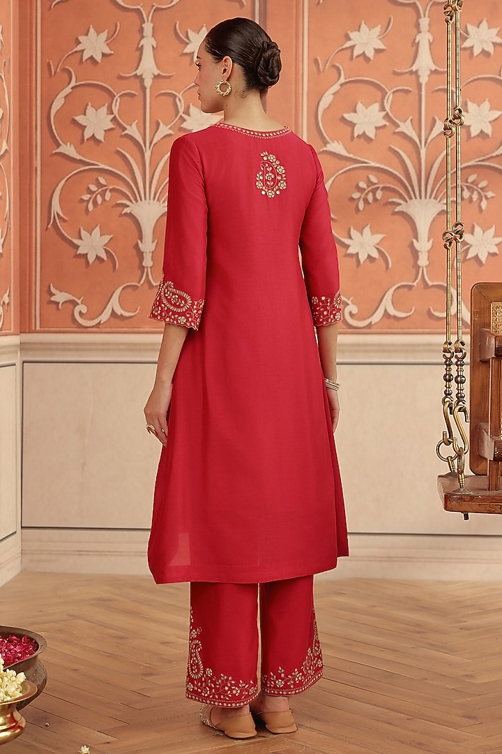 Ruby Pink Silk Chanderi Dori & Mirror Work Kurta Set by DOHR INDIA at Pernia's Pop Up Shop
