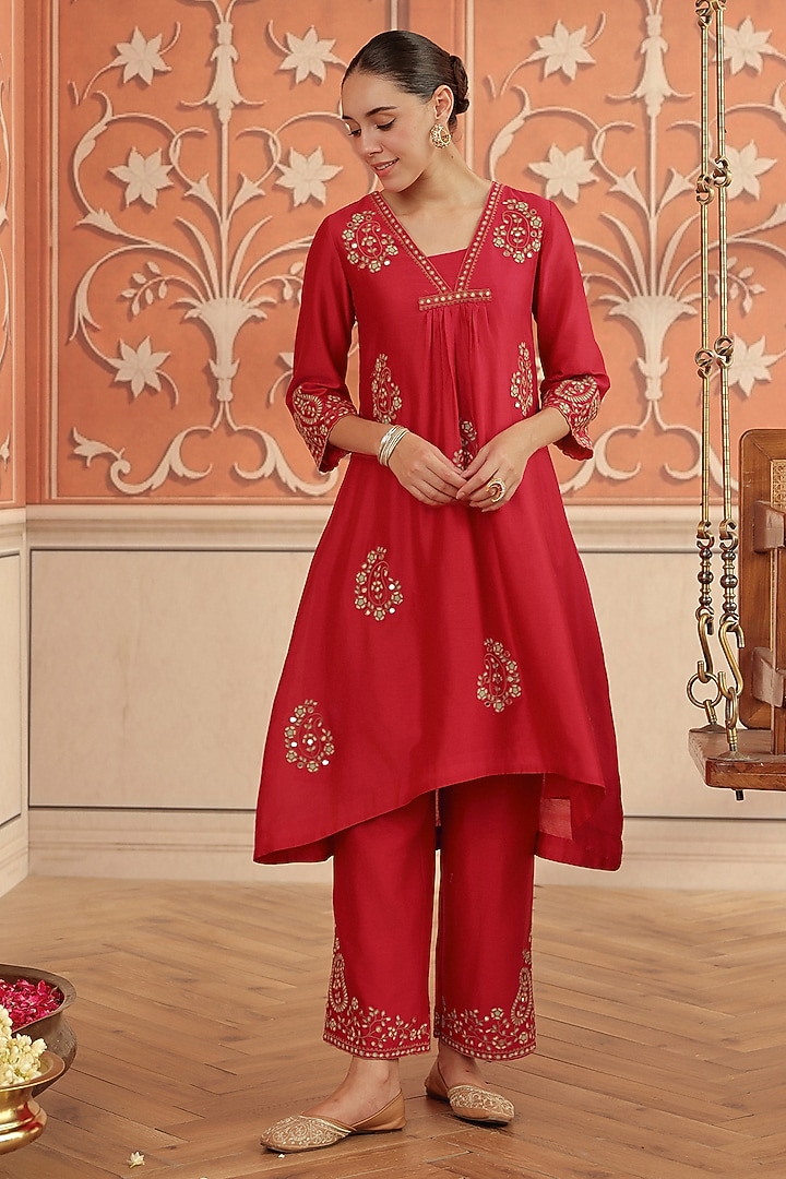 Ruby Pink Silk Chanderi Dori & Mirror Work Kurta Set by DOHR INDIA at Pernia's Pop Up Shop