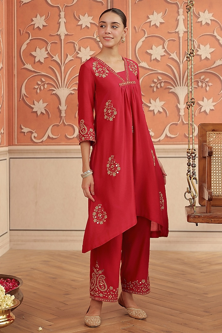Ruby Pink Silk Chanderi Dori & Mirror Work Kurta Set by DOHR INDIA at Pernia's Pop Up Shop