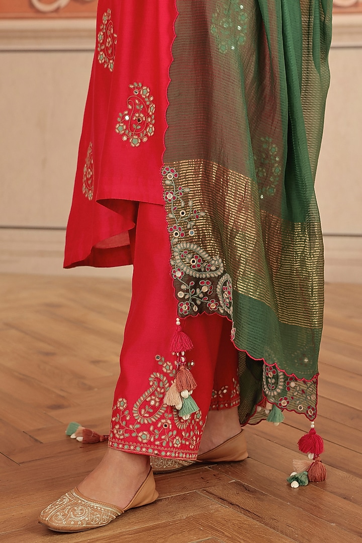 Ruby Pink Silk Chanderi Dori & Mirror Work Kurta Set by DOHR INDIA at Pernia's Pop Up Shop