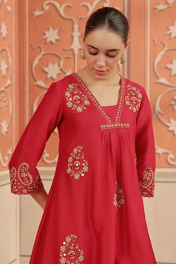 Ruby Pink Silk Chanderi Dori & Mirror Work Kurta Set by DOHR INDIA at Pernia's Pop Up Shop